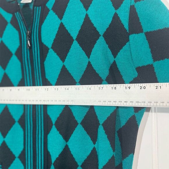 Vintage Adolfo Green Black Cardigan L Harlequin Diamond Sweater Zip Front Wool - Picture 4 of 8